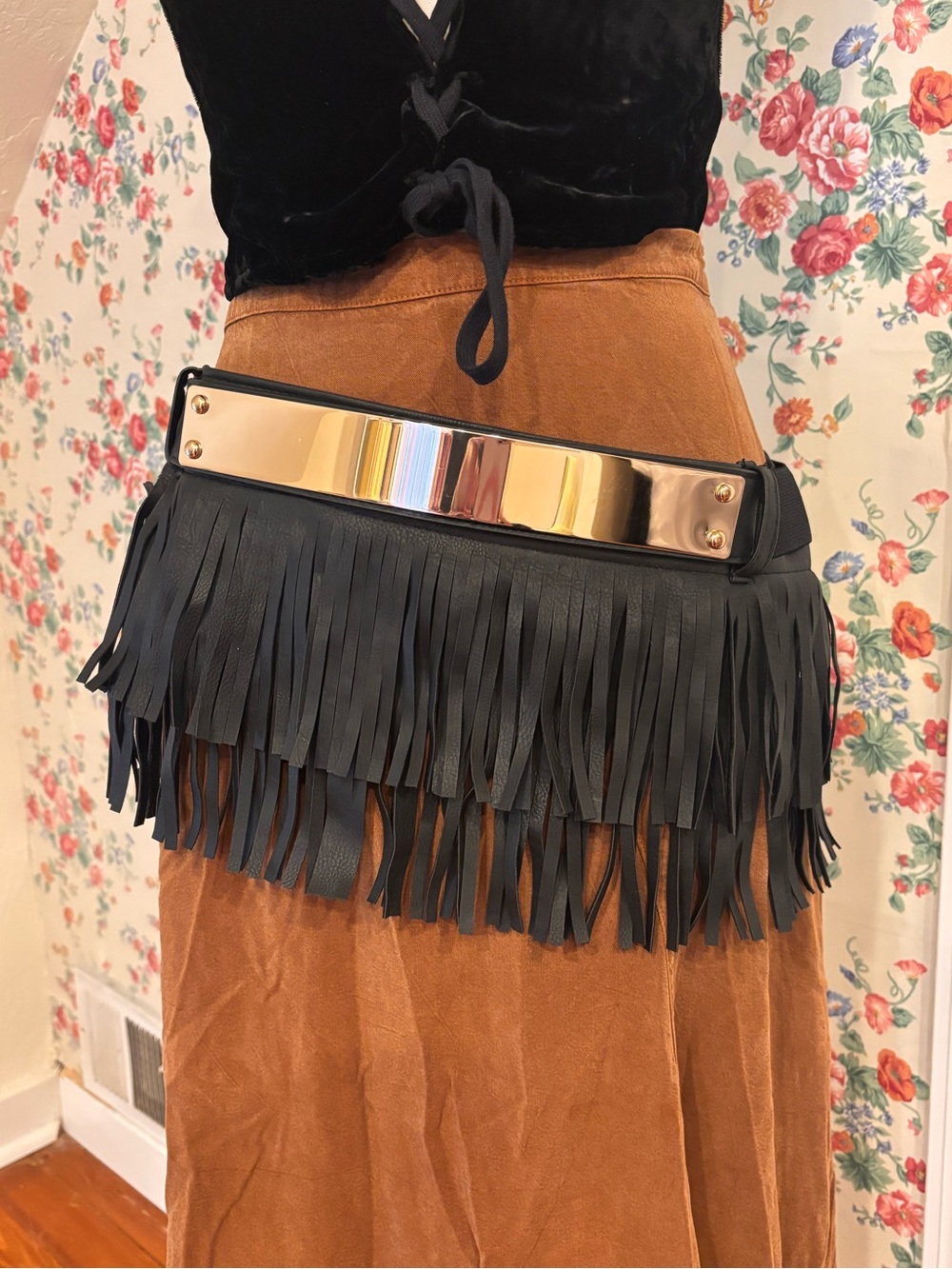 Black Fringe Hip Belt Gold Metal Goth Western Cowgirl Costume